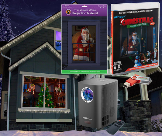 Christmas Digital Decoration Kit Includes 7 AtmosFX® Video Effects for Christmas + HD Super Bright Projector + 48” x 72” Holographic Projection Screen