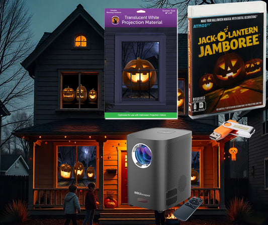 USB Projector Kit - AtmosFX Jack-O-Lantern Jamboree USB + Projector + 48" x 72" Large White Holographic Screen