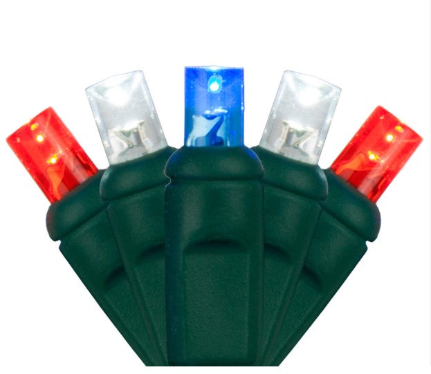 2 pack - 5mm - 50 ct - Red, White, Blue LED - 4" spacing - Green wire - 17 ft long