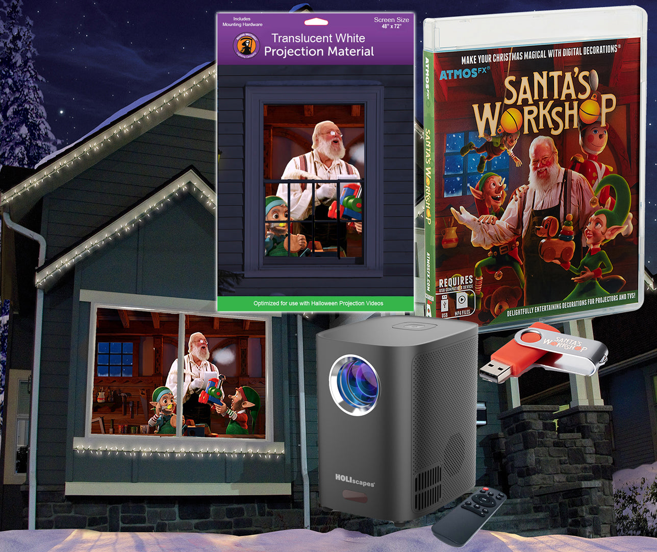 AtmosFX Santa's Workshop Digital Decoration on USB+ Projector + 48" x 72" White Fabric Rear Projection Screen