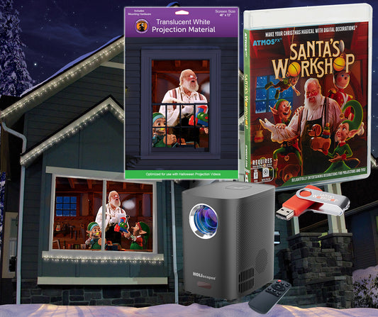 AtmosFX Santa's Workshop Digital Decoration on USB+ Projector + 48" x 72" White Fabric Rear Projection Screen