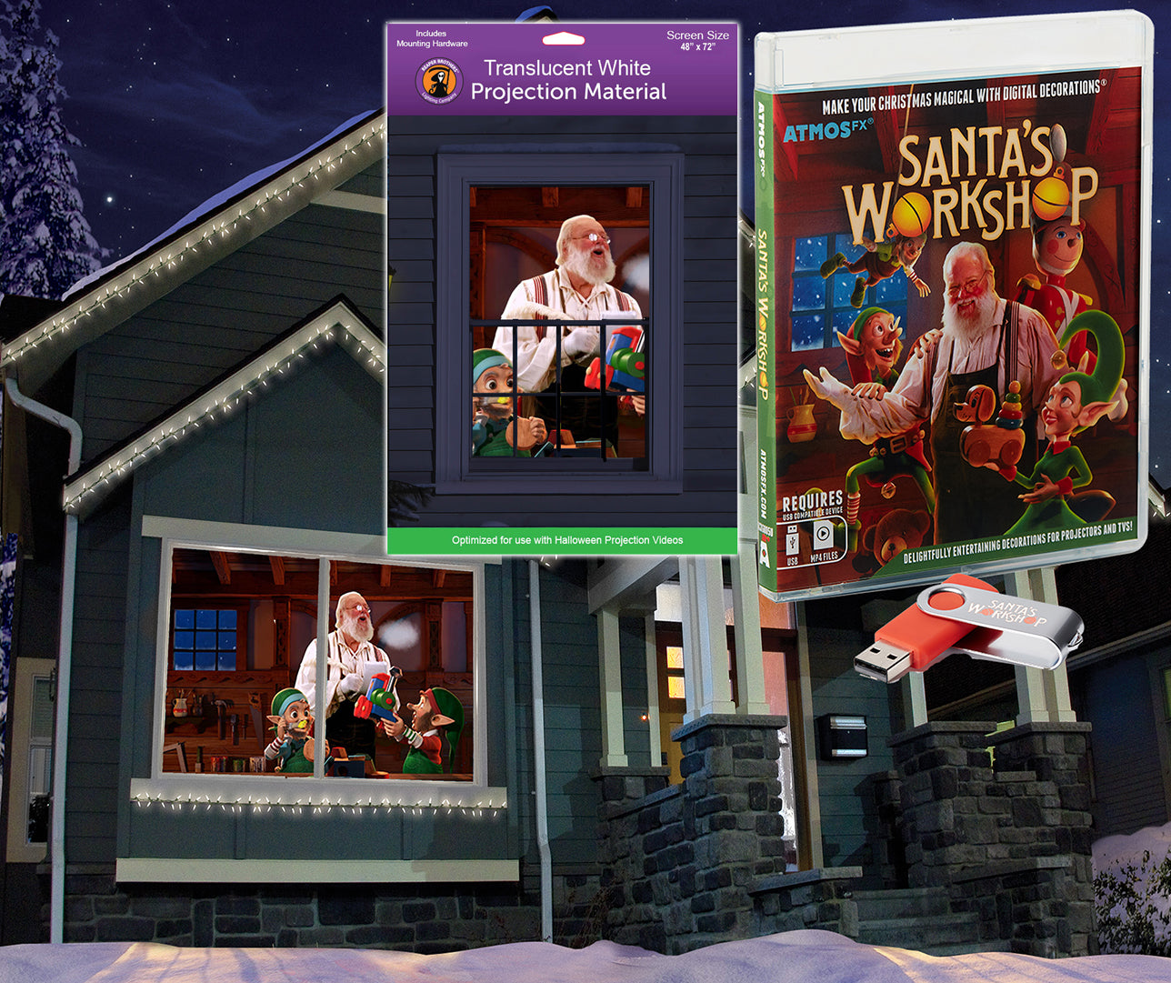AtmosFX Santa's Workshop Digital Decoration on USB + 48" x 72" White Fabric Rear Projection Screen