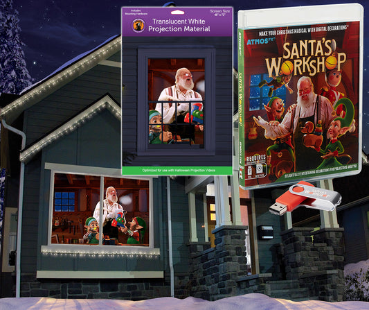 AtmosFX Santa's Workshop Digital Decoration on USB + 48" x 72" White Fabric Rear Projection Screen