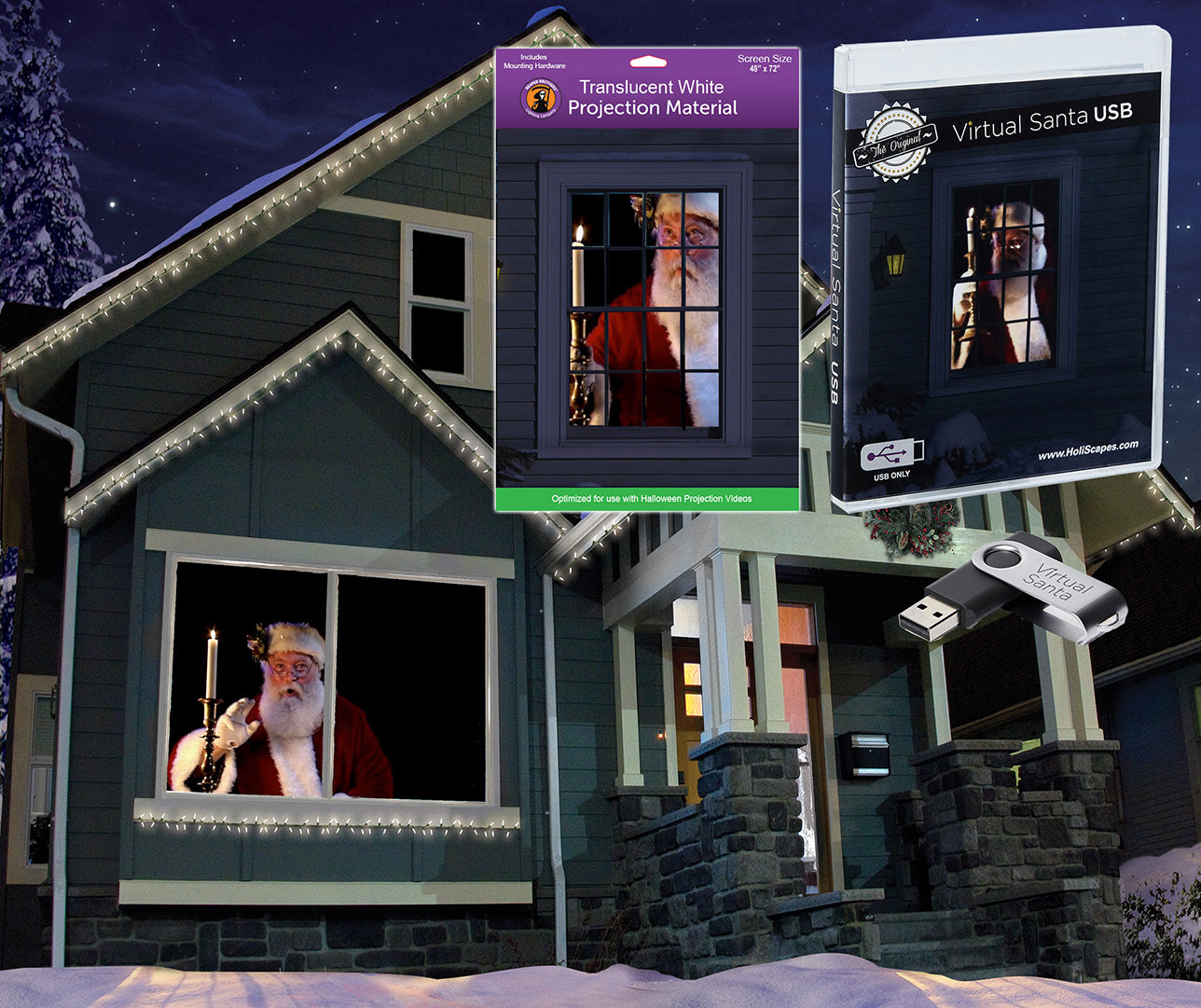 The Original Virtual Santa in The Window Movie on USB with 48" x 72" Projection Screen