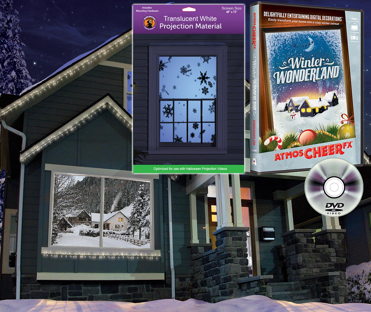 AtmosFX Winter Wonderland DVD + 48" x 72" White Holographic Screen for Christmas Projection