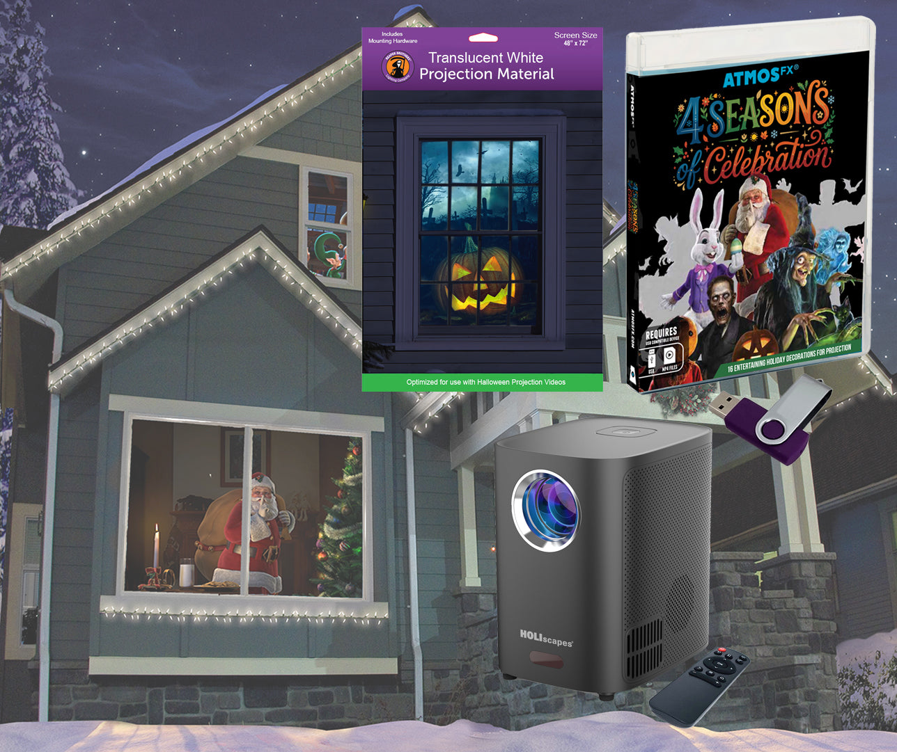 4 Seasons of Celebration Projector Kit Includes 16 AtmosFX Video Effects for Halloween, Christmas and More + HD Projector + 48” x 72” Holographic Projection Screen