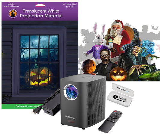 Holiday Digital Decoration Kit Includes 16 AtmosFX Video Effects for Halloween, Christmas and More + HD Projector + 48” x 72” Holographic Projection Screen