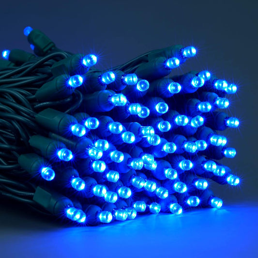 4 pack - 5mm - 100 ct - Blue LED - 4" spacing - Green wire - 33 ft long