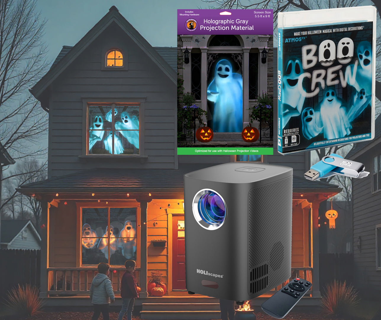 HoliScapes® USB Projector Kit - Boo Crew + Projector + 5.5 ft x 9 ft P ...