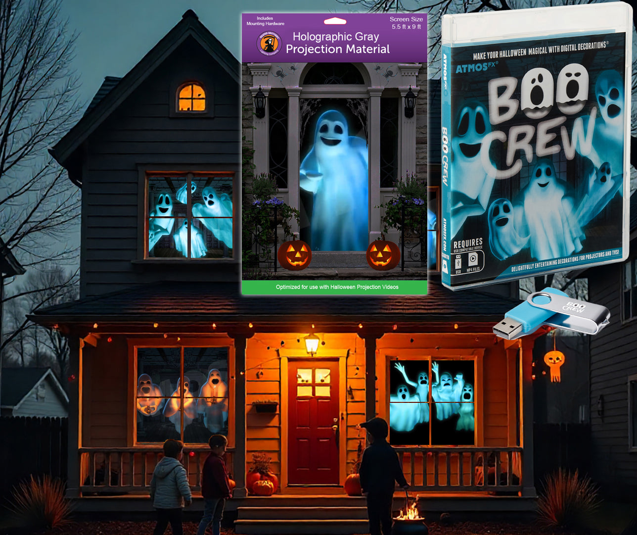 AtmosFX Halloween Digital Decoration USB - Boo Crew + 5.5 ft x 9 ft Pr ...