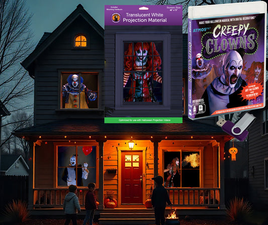 AtmosFX® Creepy Clowns Halloween Digital Decoration on USB + 48" x 72" Projection Screen