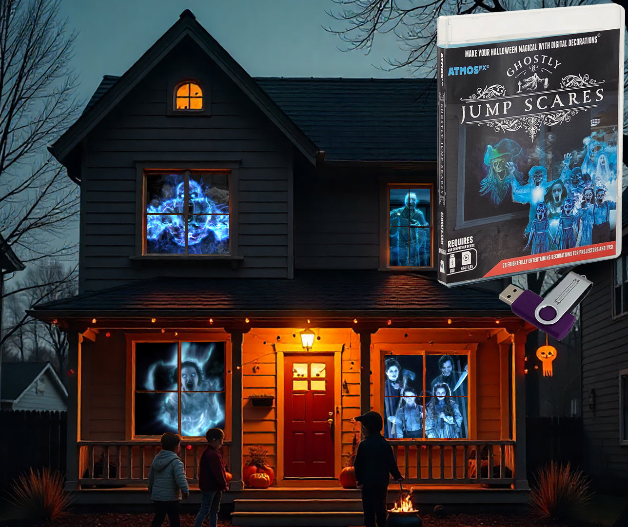 AtmosFX® Ghostly Jump Scares Halloween Digital Decoration on USB Includes 8 Atmosfx Video Effects for Hallloween