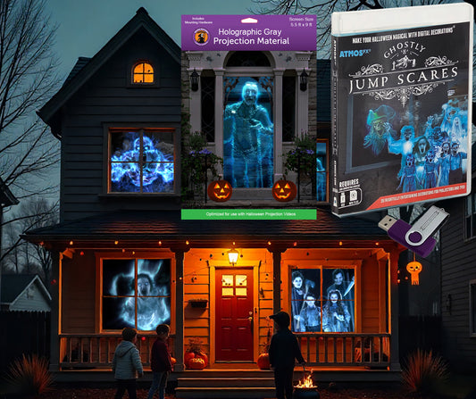AtmosFX® Ghostly Jump Scares Halloween Digital Decoration on USB + 5.5 ft x 9 ft Projection Screen