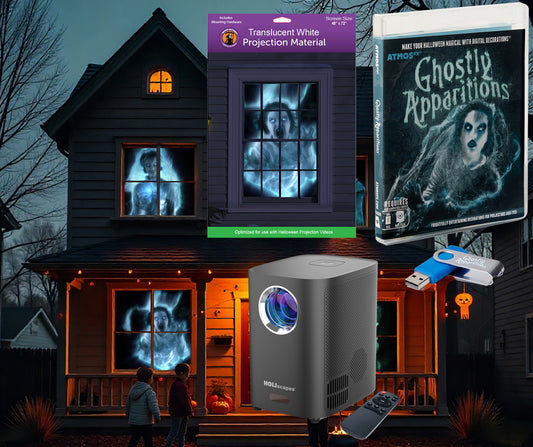 USB Projector Kit - AtmosFx Ghostly Apparitions on USB + Projector + 48" x 72" Large White Holographic Screen
