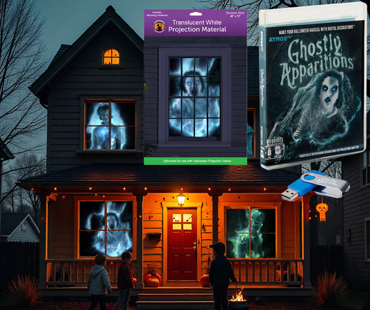 AtmosFX Ghostly Apparitions USB + 48" x 72" White Holographic Screen for Halloween Projection