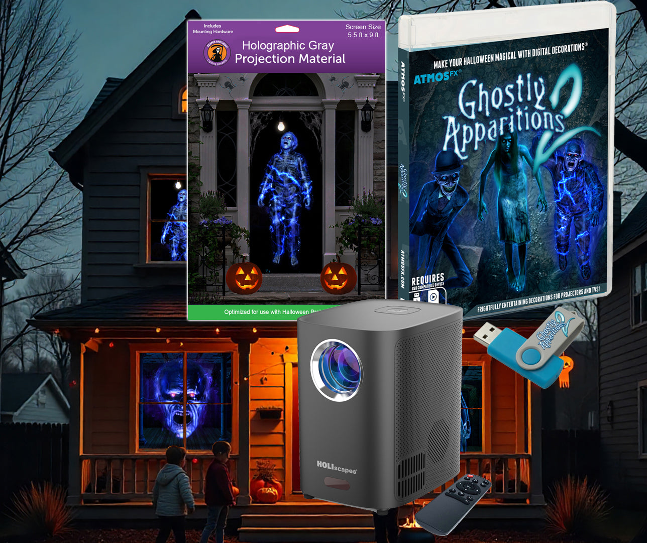 HoliScapes® USB Projector Kit - Ghostly Apparitions 2 + Projector + 5.5 ft x 9 ft Projection Screen
