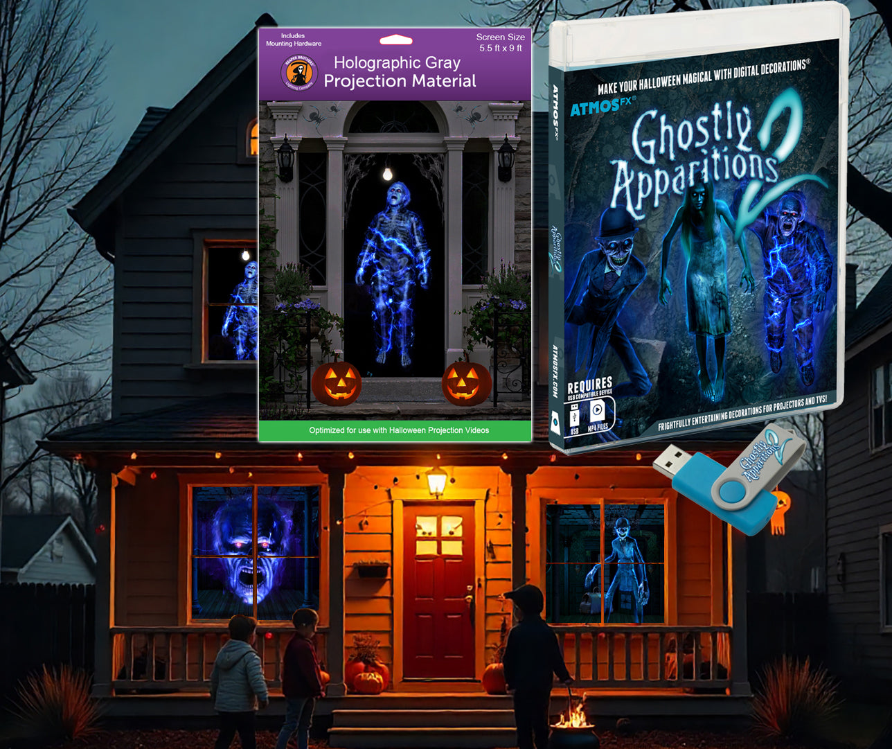 AtmosFX Halloween Digital Decoration USB - Ghostly Apparitions 2 + 5.5 ft x 9 ft Projection Screen