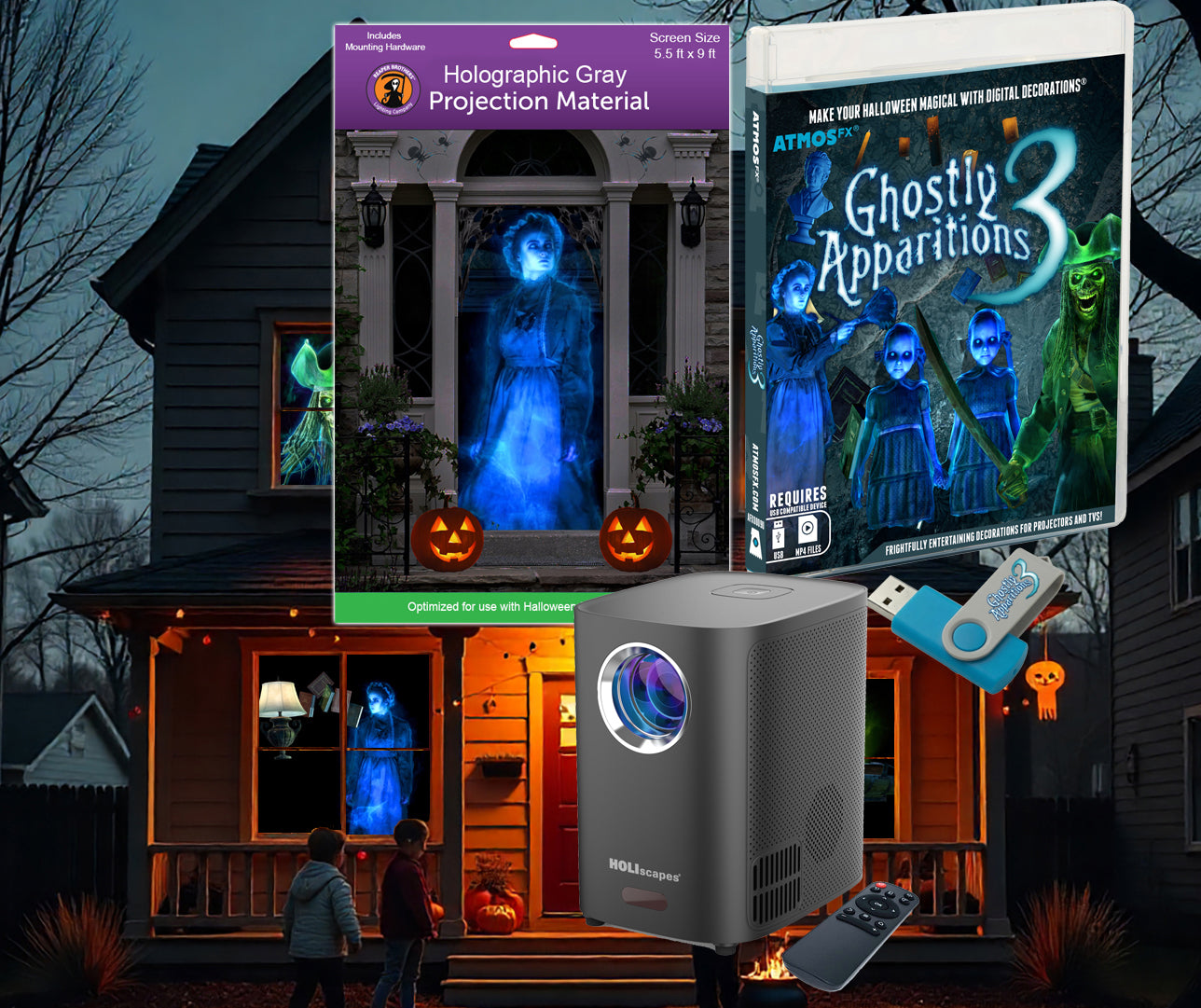 HoliScapes® USB Projector Kit - Ghostly Apparitions 3 + Projector + 5.5 ft x 9 ft Projection Screen