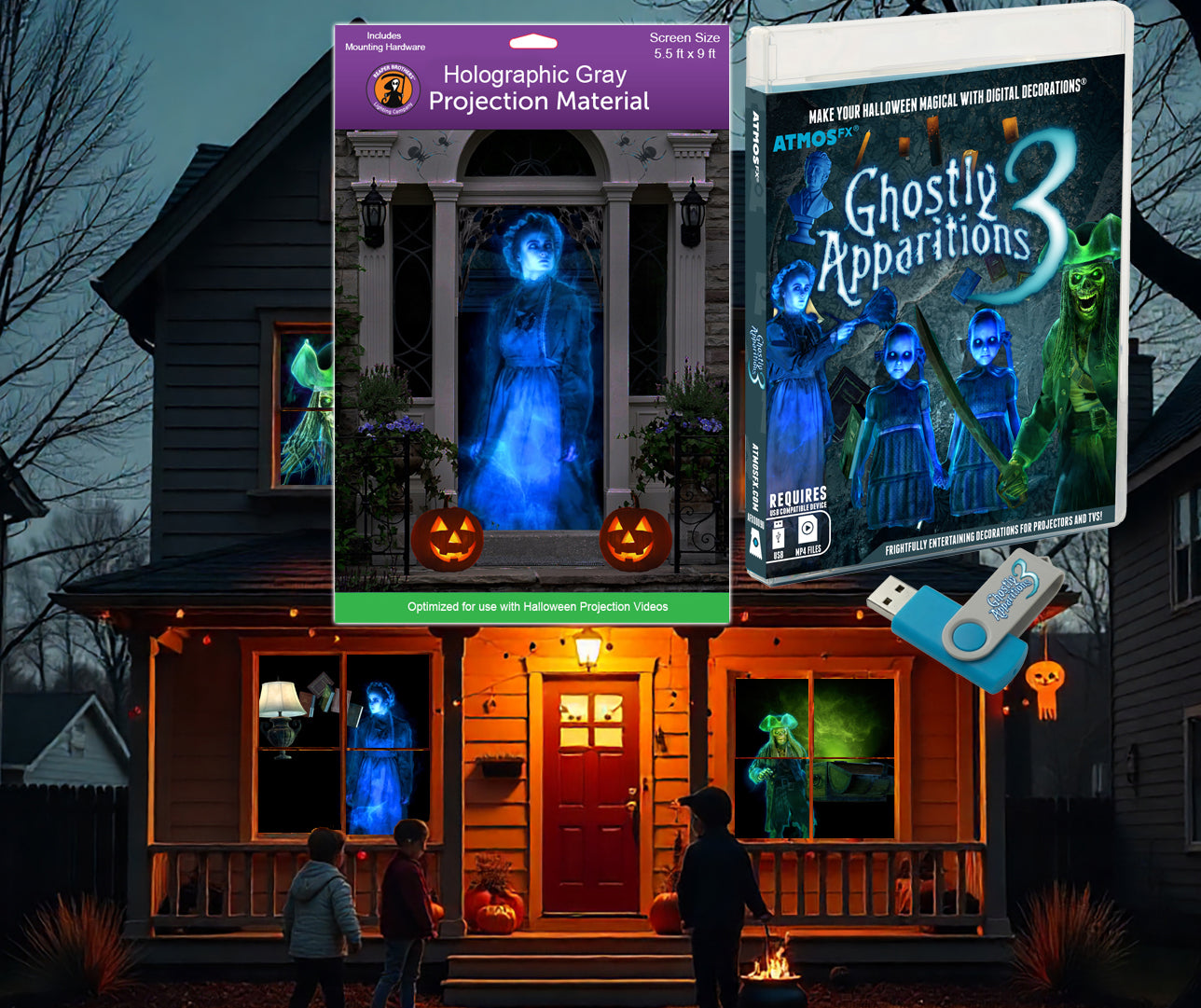 AtmosFX Halloween Digital Decoration USB - Ghostly Apparitions 3 + 5.5 ft x 9 ft Projection Screen