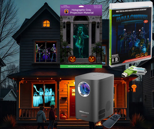 Halloween Hollusion Digital Decoration Kit Includes 8 AtmosFX Video Effects for Halloween + HD Projector + 5.5' x 9' Holographic Projection Screen