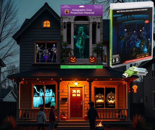AtmosFX® Halloween Hollusion Digital Decoration Kit Includes 8 AtmosFX® Video Effects for Halloween Plus 5.5' x 9' Holographic Projection Screen