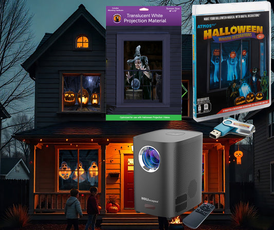 Halloween Digital Decoration Kit Includes 8 AtmosFX Video Effects for Halloween + HD Super Bright Projector + 48” x 72” Holographic Projection Screen