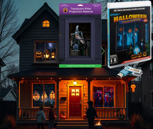 Halloween Digital Decoration Kit Includes 8 AtmosFX® Video Effects for Halloween Plus 48” x 72” Holographic Projection Screen