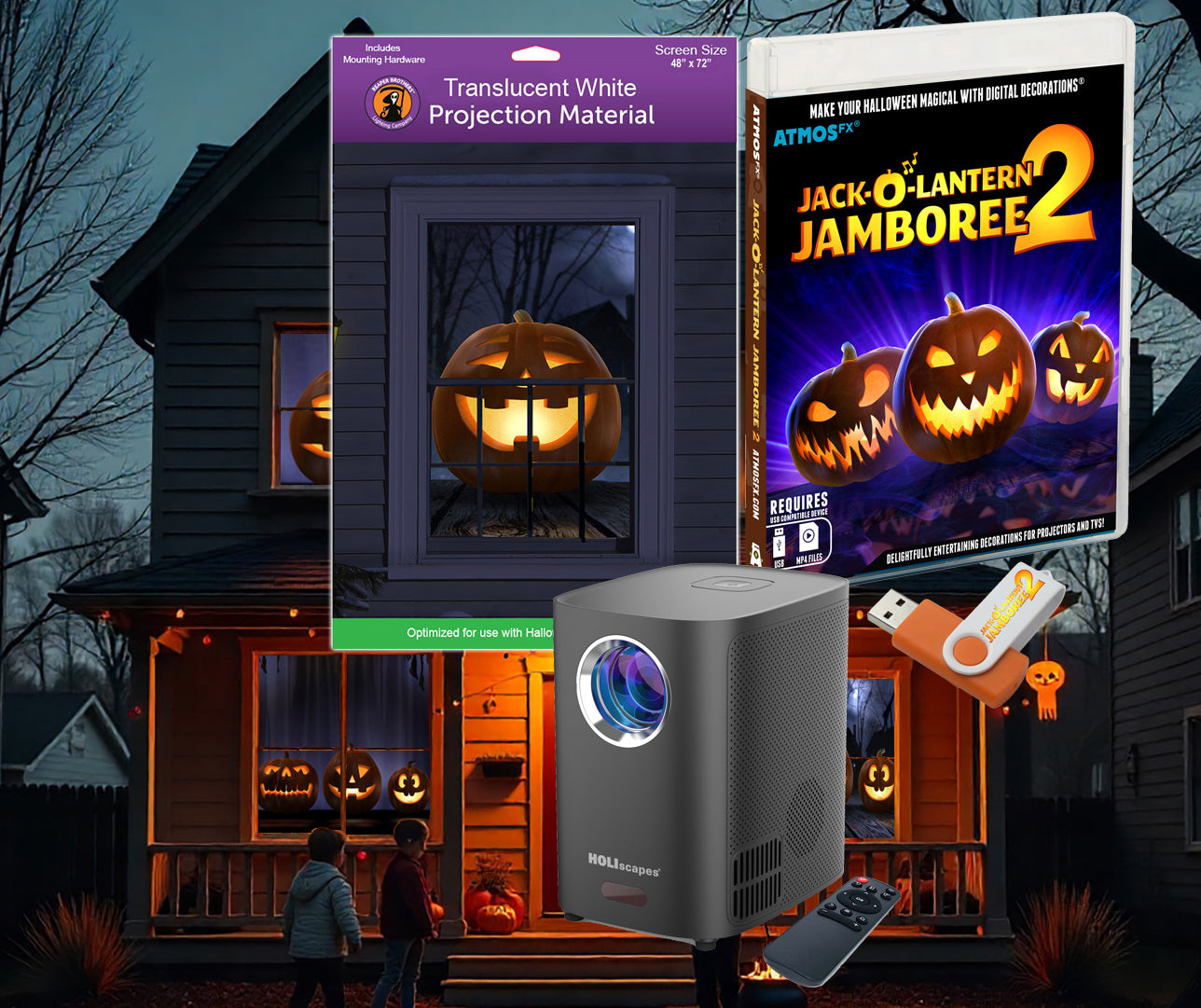 HoliScapes® USB Projector Kit - Jack-O’-Lantern Jamboree 2 + Projector + 48" x 72" Projection Screen