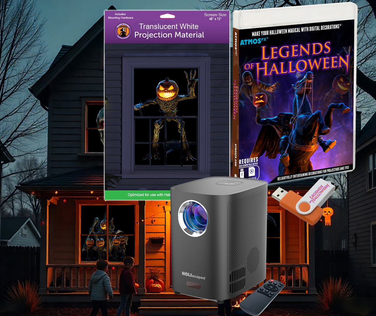 HoliScapes® USB Projector Kit - Legends of Halloween + Projector + 48" x 72" Projection Screen