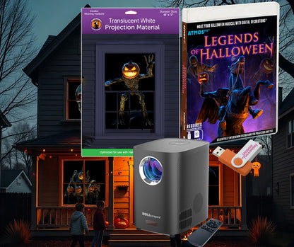 HoliScapes® USB Projector Kit - Legends of Halloween + Projector + 48" x 72" Projection Screen