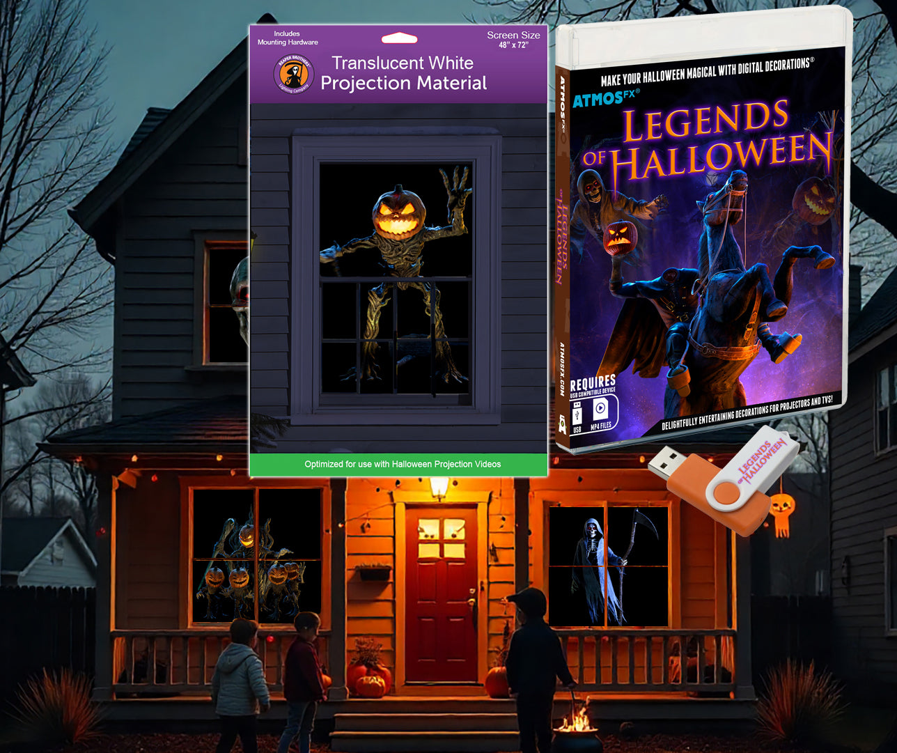 AtmosFX Halloween Digital Decoration USB - Legends of Halloween + 48" x 72" Projection Screen