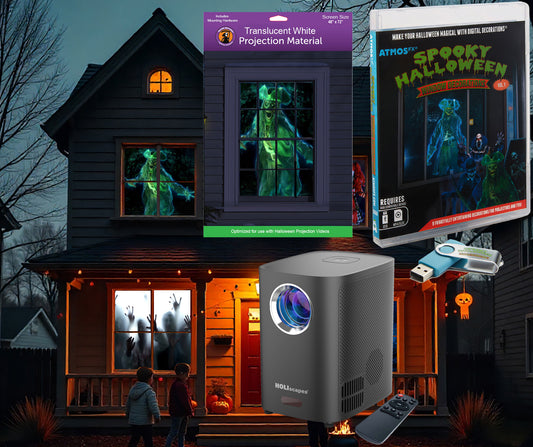 Spooky Halloween Digital Decoration Kit Includes 9 AtmosFX Video Effects for Halloween + HD Super Bright Projector + 48” x 72” Holographic Projection Screen
