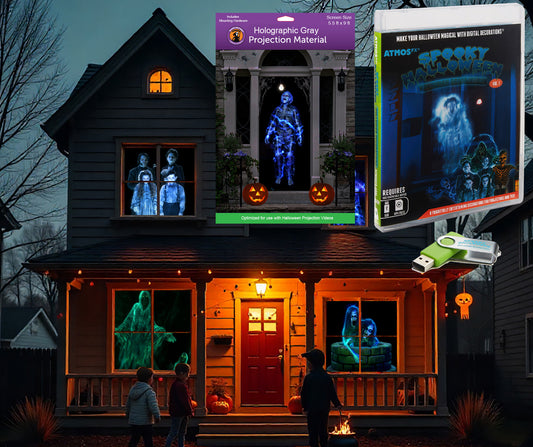 AtmosFX® Spooky Halloween Hollusion Digital Decoration Kit Includes 8 AtmosFX® Video Effects for Halloween Plus 5.5' x 9' Holographic Projection Screen