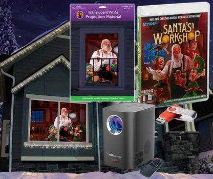 AtmosFX Santa's Workshop Digital Decoration on USB+ Projector + 48" x 72" White Fabric Rear Projection Screen